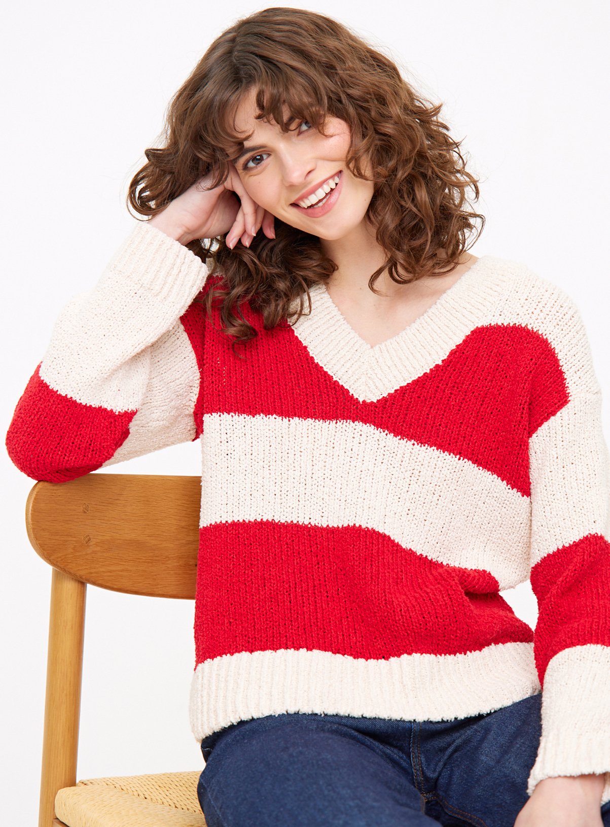 Red Stripe V Neck Boucle Knitted Jumper 10 - Image 1 thumbnail